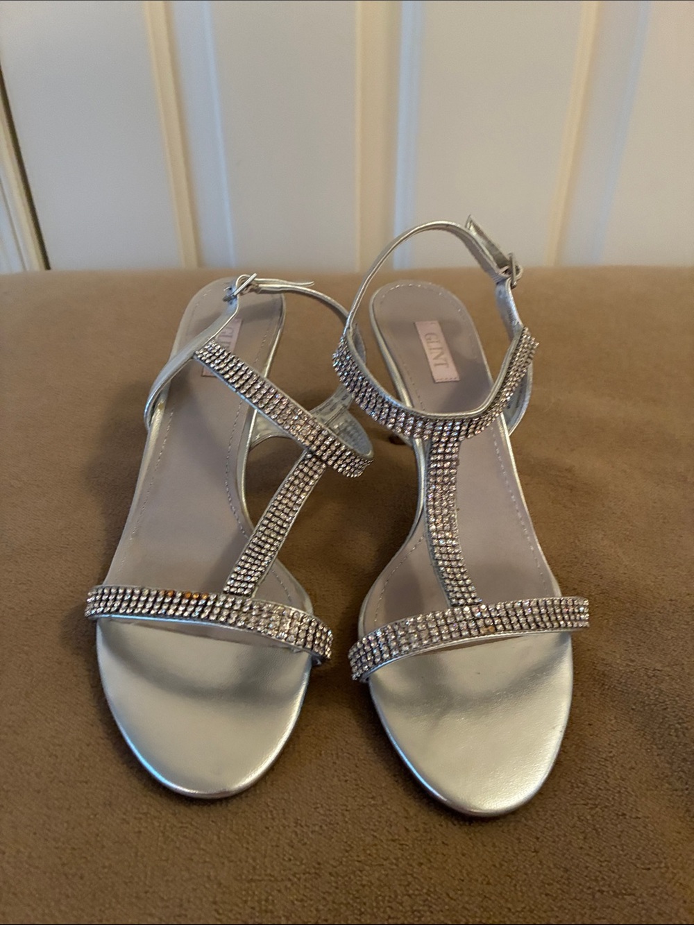 Glint Silver Rhinestone T-Strap Sandals - Worn One Time
